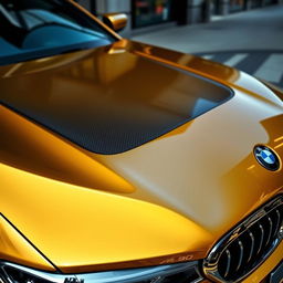 A shiny golden BMW M5 F90 with a unique forged carbon hood, showcasing its sleek and aggressive design