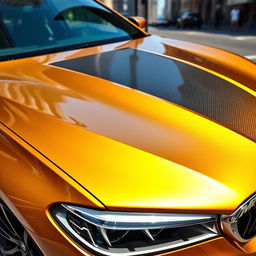 A shiny golden BMW M5 F90 with a unique forged carbon hood, showcasing its sleek and aggressive design