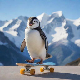 A cute penguin effortlessly riding a skateboard, with a cool background filled with icy mountains and warm sunrays.