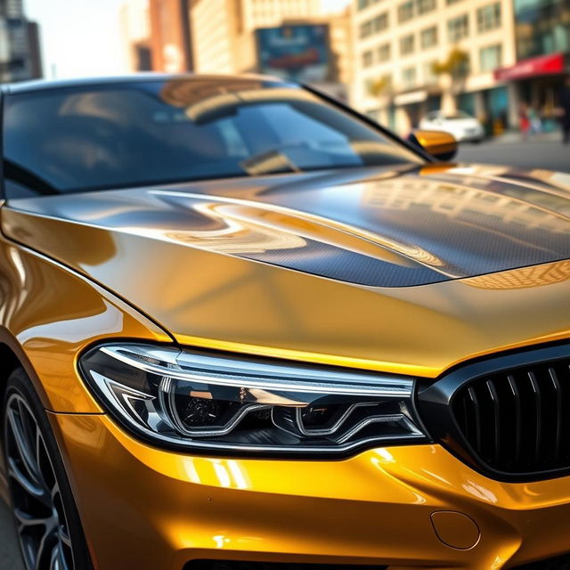 A shiny golden BMW M5 F90 with a unique forged carbon hood, showcasing its sleek and aggressive design