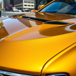 A shiny golden BMW M5 F90 with a unique forged carbon hood, showcasing its sleek and aggressive design