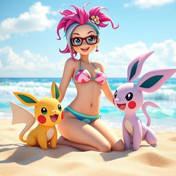 A playful girl inspired by Pokémon aesthetics, showcasing vibrant, colorful hair styled uniquely