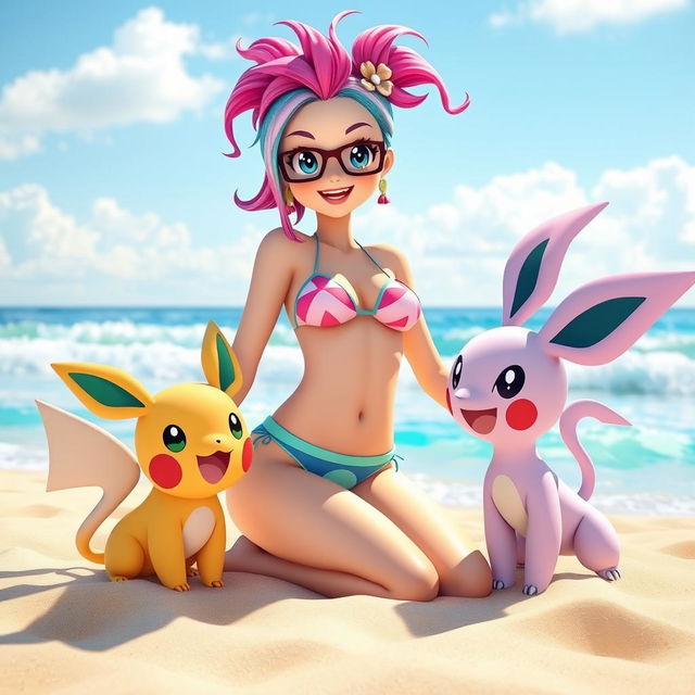 A playful girl inspired by Pokémon aesthetics, showcasing vibrant, colorful hair styled uniquely