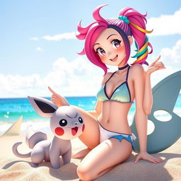 A playful girl inspired by Pokémon aesthetics, showcasing vibrant, colorful hair styled uniquely