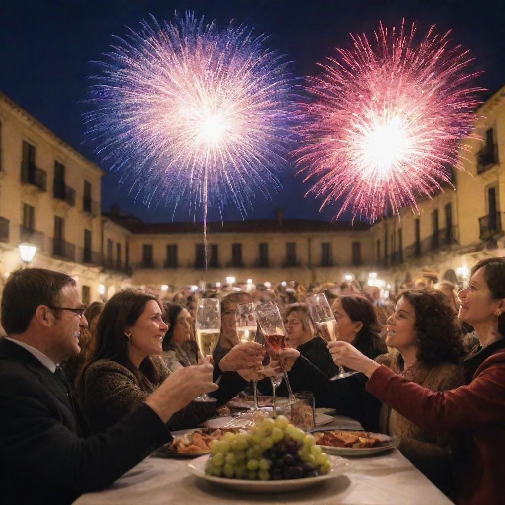 A vibrant Spanish New Year's celebration, complete with fireworks lighting up the night sky, people toasting with glasses of Cava, and 12 grapes representing the Spanish tradition, in a historic plaza with festive decorations.