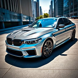 A BMW M5 F90 with a stunning forged carbon fiber hood, gleaming in the sunlight