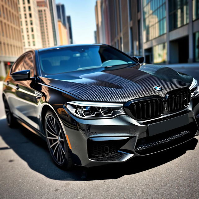 A BMW M5 F90 with a stunning forged carbon fiber hood, gleaming in the sunlight