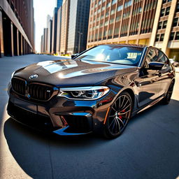 A BMW M5 F90 with a stunning forged carbon fiber hood, gleaming in the sunlight