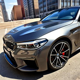 A BMW M5 F90 with a stunning forged carbon fiber hood, gleaming in the sunlight