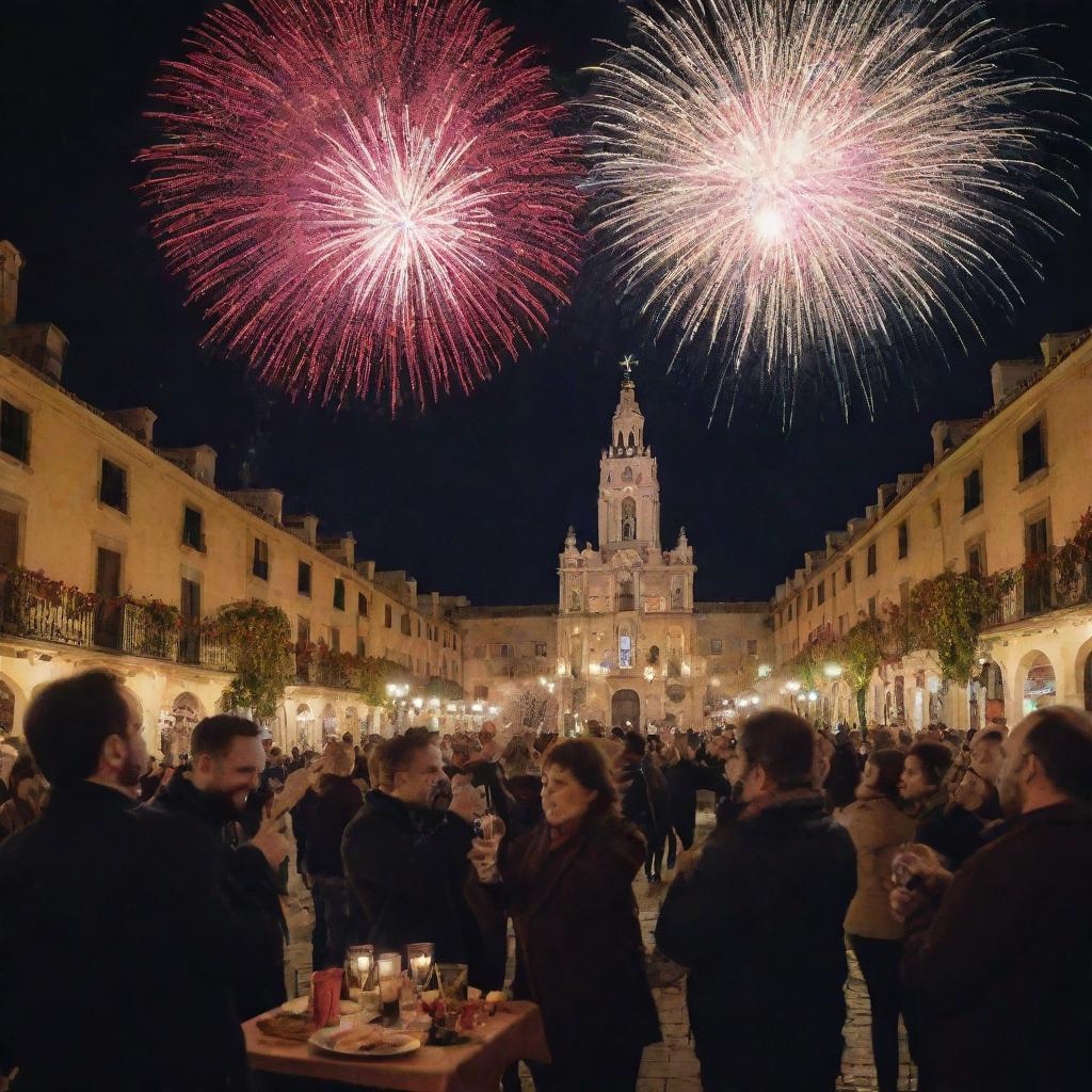 A vibrant Spanish New Year's celebration, complete with fireworks lighting up the night sky, people toasting with glasses of Cava, and 12 grapes representing the Spanish tradition, in a historic plaza with festive decorations.