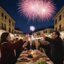 A vibrant Spanish New Year's celebration, complete with fireworks lighting up the night sky, people toasting with glasses of Cava, and 12 grapes representing the Spanish tradition, in a historic plaza with festive decorations.