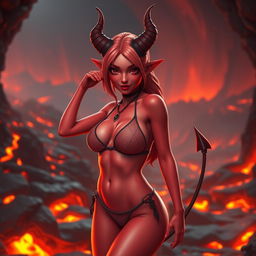 A beautiful demon princess in a bikini, featuring light red skin, prominent demon horns, and a demon tail, exuding a cute and sexy vibe