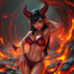 A beautiful demon princess in a bikini, featuring light red skin, prominent demon horns, and a demon tail, exuding a cute and sexy vibe