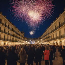 A vibrant Spanish New Year's celebration, complete with fireworks lighting up the night sky, people toasting with glasses of Cava, and 12 grapes representing the Spanish tradition, in a historic plaza with festive decorations.