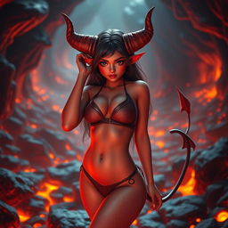 A beautiful demon princess in a bikini, featuring light red skin, prominent demon horns, and a demon tail, exuding a cute and sexy vibe