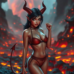 A beautiful demon princess in a bikini, featuring light red skin, prominent demon horns, and a demon tail, exuding a cute and sexy vibe