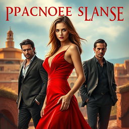 An alluring book cover design set in a stunning Spanish environment, featuring a captivating young woman wearing a striking red dress that symbolizes passion and allure