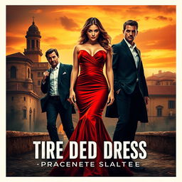 An enticing movie poster design set in a romantic Spanish landscape, featuring a striking woman wearing a captivating red dress that embodies passion and intrigue