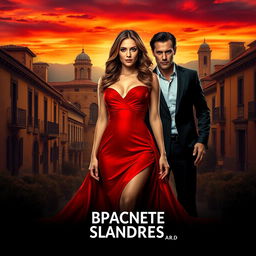 An enticing movie poster design set in a romantic Spanish landscape, featuring a striking woman wearing a captivating red dress that embodies passion and intrigue