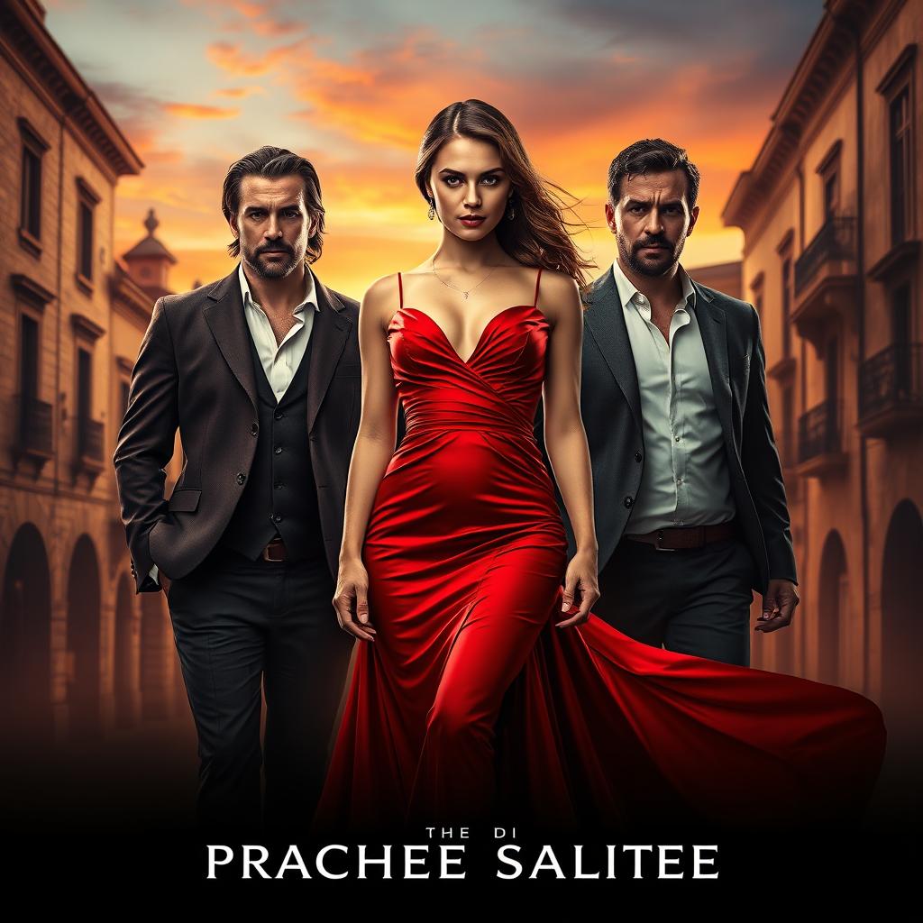 An enticing movie poster design set in a romantic Spanish landscape, featuring a striking woman wearing a captivating red dress that embodies passion and intrigue