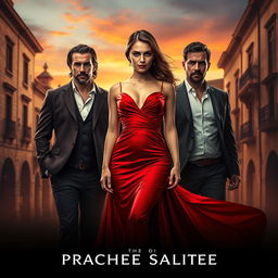 An enticing movie poster design set in a romantic Spanish landscape, featuring a striking woman wearing a captivating red dress that embodies passion and intrigue