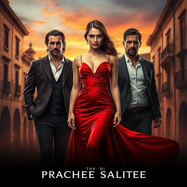 An enticing movie poster design set in a romantic Spanish landscape, featuring a striking woman wearing a captivating red dress that embodies passion and intrigue