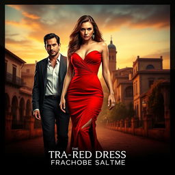 An enticing movie poster design set in a romantic Spanish landscape, featuring a striking woman wearing a captivating red dress that embodies passion and intrigue