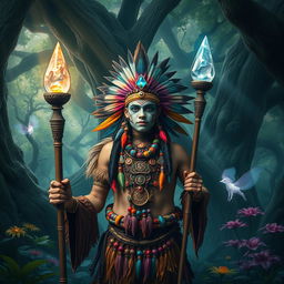 A mystical shaman standing in a dense, enchanted forest, adorned with vibrant tribal attire made of feathers and beads