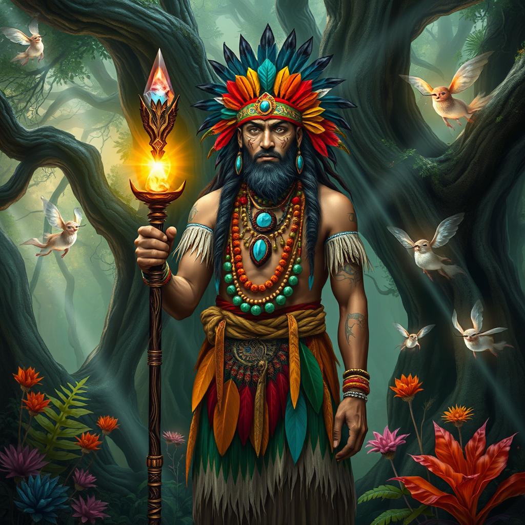 A mystical shaman standing in a dense, enchanted forest, adorned with vibrant tribal attire made of feathers and beads