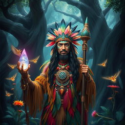 A mystical shaman standing in a dense, enchanted forest, adorned with vibrant tribal attire made of feathers and beads