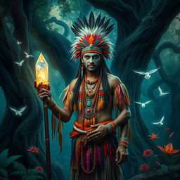 A mystical shaman standing in a dense, enchanted forest, adorned with vibrant tribal attire made of feathers and beads