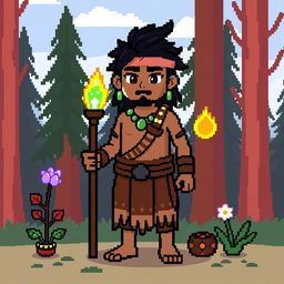 A low pixel art representation of a shaman character in a simplistic style, featuring bright colors and blocky shapes