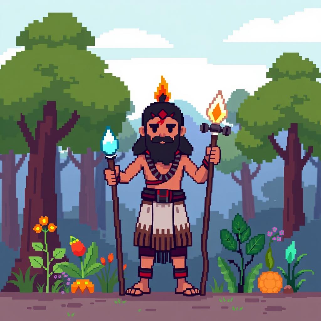 A low pixel art representation of a shaman character in a simplistic style, featuring bright colors and blocky shapes