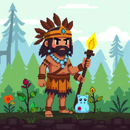 A low pixel art representation of a shaman character in a simplistic style, featuring bright colors and blocky shapes