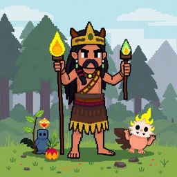 A low pixel art representation of a shaman character in a simplistic style, featuring bright colors and blocky shapes