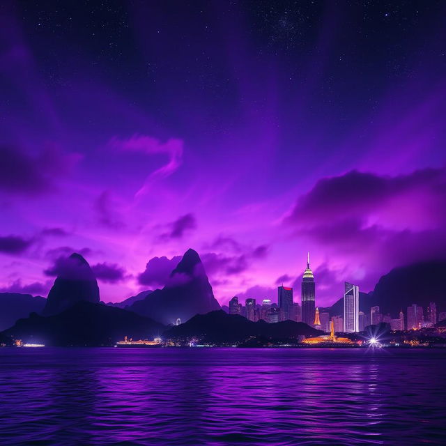 A stunning view of Rio de Janeiro bathed in shades of purple, creating a supernatural atmosphere with dark and cosmic elements