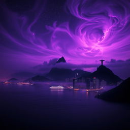 A stunning view of Rio de Janeiro bathed in shades of purple, creating a supernatural atmosphere with dark and cosmic elements