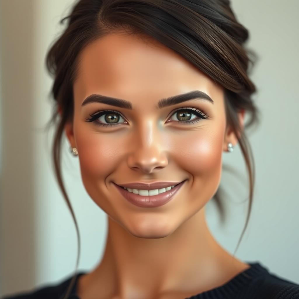 A realistic portrait of a beautiful woman with an attractive face, showcasing stunning features like expressive eyes, smooth skin, and a genuine smile