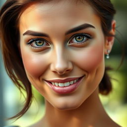 A realistic portrait of a beautiful woman with an attractive face, showcasing stunning features like expressive eyes, smooth skin, and a genuine smile