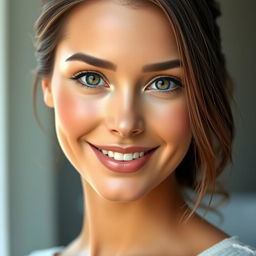 A realistic portrait of a beautiful woman with an attractive face, showcasing stunning features like expressive eyes, smooth skin, and a genuine smile