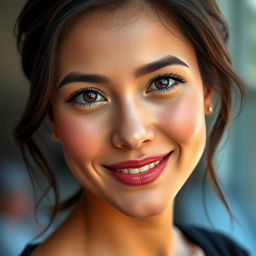 A realistic portrait of a beautiful woman with an attractive face, showcasing stunning features like expressive eyes, smooth skin, and a genuine smile