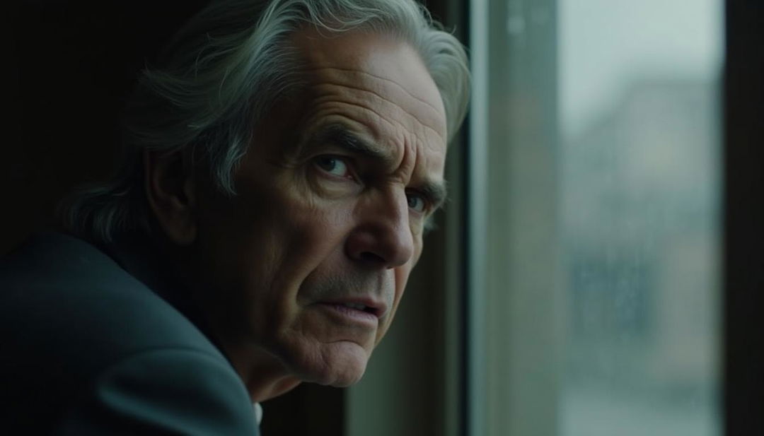 A close-up view of Jeremy Irons, showing only part of his face, peering intently through a slightly fogged window