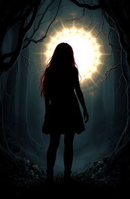 The silhouette of a girl with long red hair standing in front of a glowing magical portal, set in a dark forest