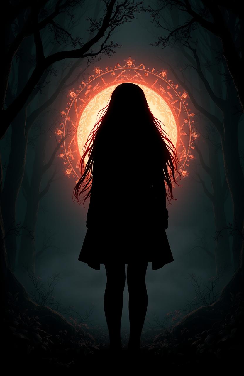 The silhouette of a girl with long red hair standing in front of a glowing magical portal, set in a dark forest