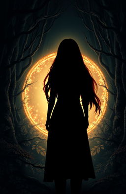 The silhouette of a girl with long red hair standing in front of a glowing magical portal, set in a dark forest