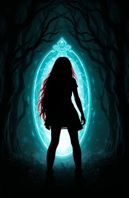 The silhouette of a girl with long red hair standing in front of a glowing magical portal, set in a dark forest