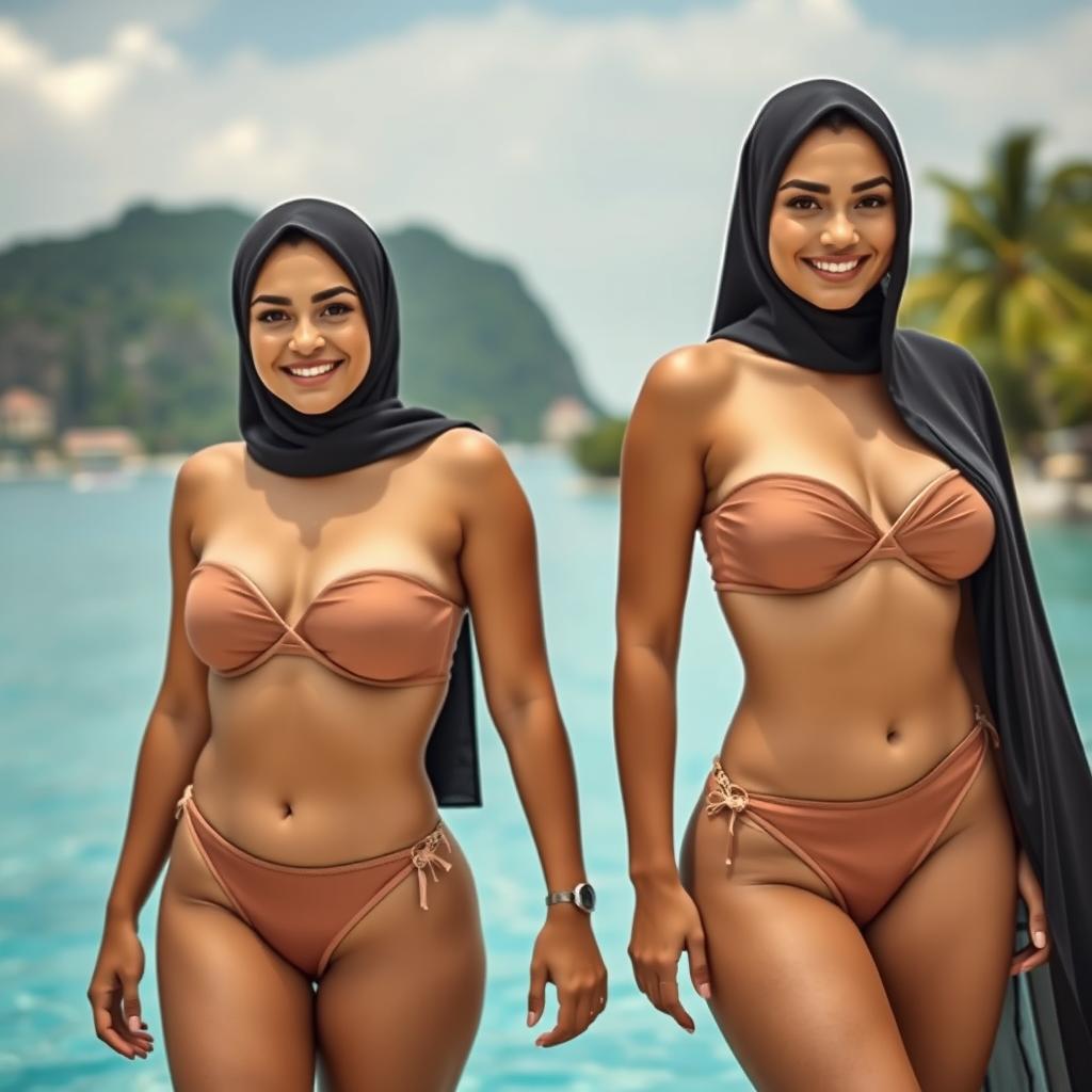 A stunning scene featuring a European woman and an Arab woman, both in skimpy two-piece bandeau swimsuits and high-neck bikinis with a one-shoulder top design