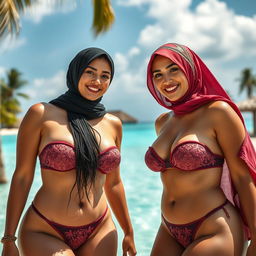 A stunning scene featuring a European woman and an Arab woman, both in skimpy two-piece bandeau swimsuits and high-neck bikinis with a one-shoulder top design