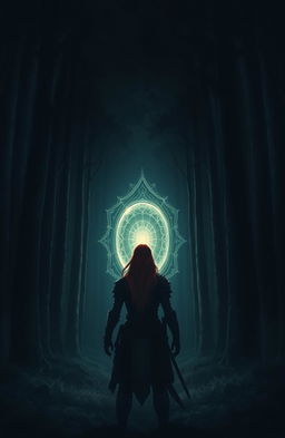 A dark forest with a magical, glowing portal in the center, surrounded by tall, shadowy trees