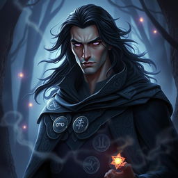 A mystical and enigmatic supernatural character named Corvin, depicted as a tall and imposing figure with dark, flowing hair and piercing violet eyes that seem to shimmer with arcane knowledge